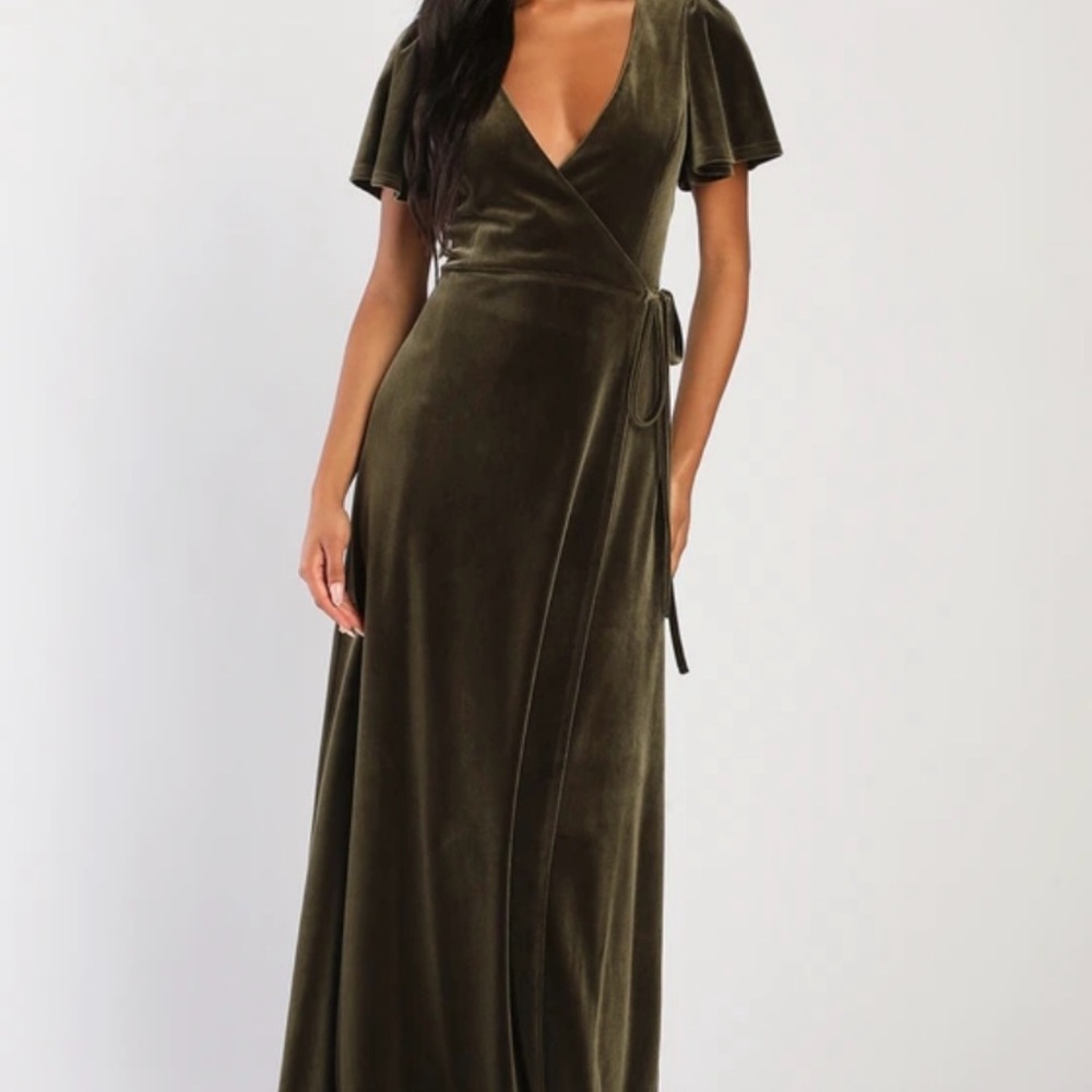 Lulus Olive Green Velvet Wrap Maxi Dress (Memorable Romance) - Size Small